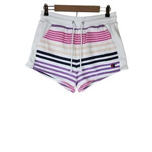 CHAMPION + URBAN OUTFITTERS Pink Purple Black Striped Comfort Sweat Shorts SZ M